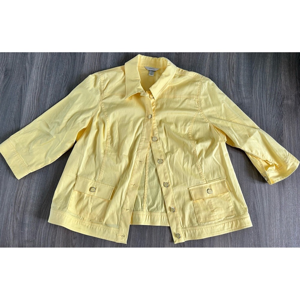 CJ Banks Stretch Long Sleeve Button Up Jacket Womens Sz 1X Yellow Pockets Light